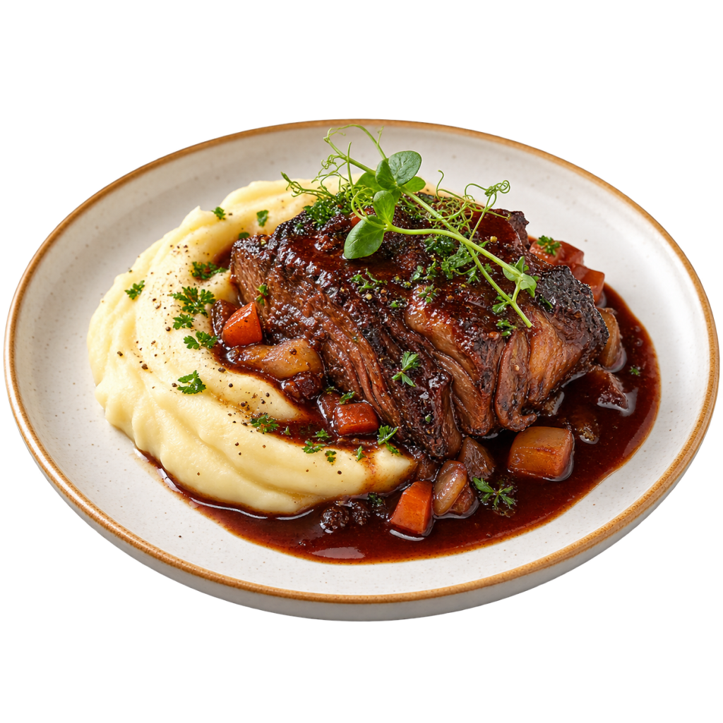 bœuf braisé au jus, purée et pousses vertes